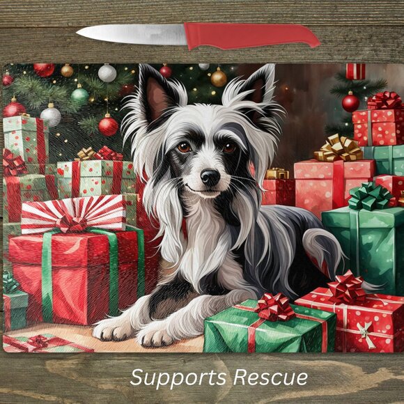 Christmas Chines Crested Dog Kitchen Tempered Glass Cutting Board or Trivet - Picture 1 of 1